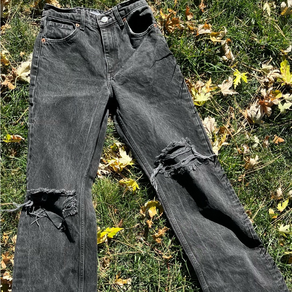 Zara Charcoal Black Denim Distressed High Waisted Jeans Size 4